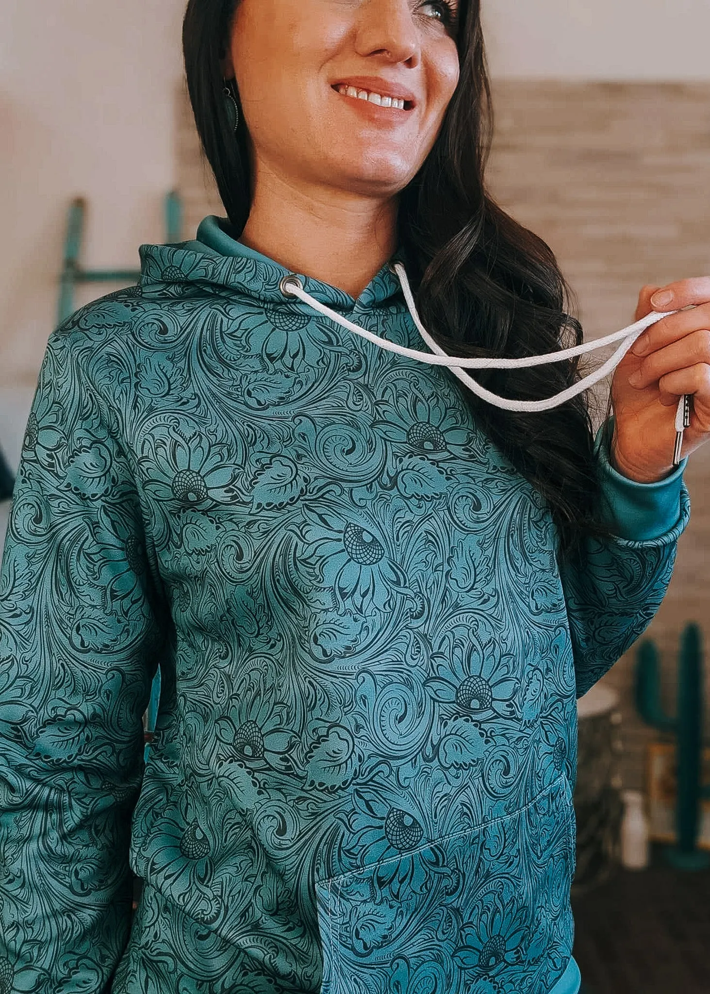 Teal Floral Tooled Hoodie