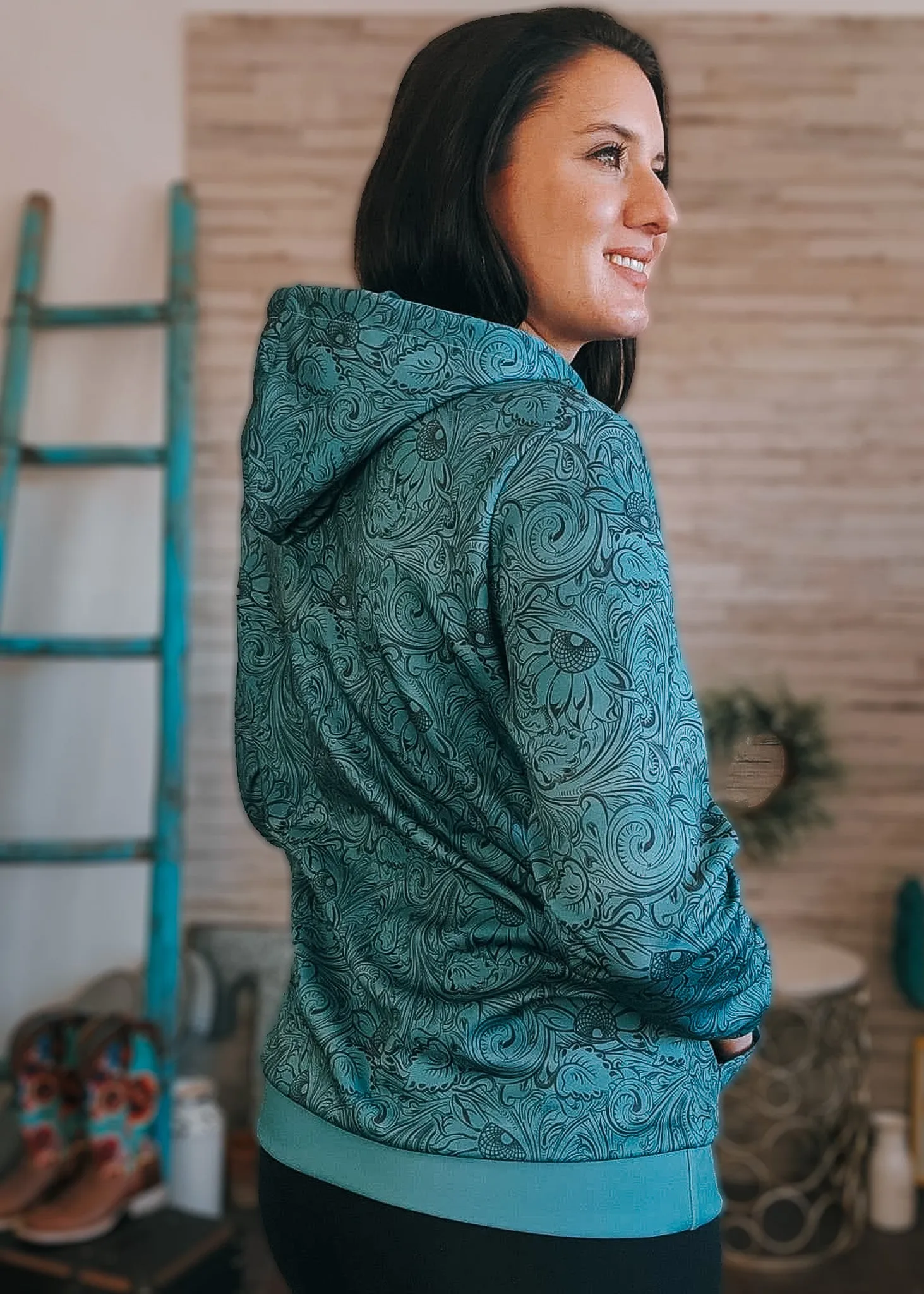 Teal Floral Tooled Hoodie