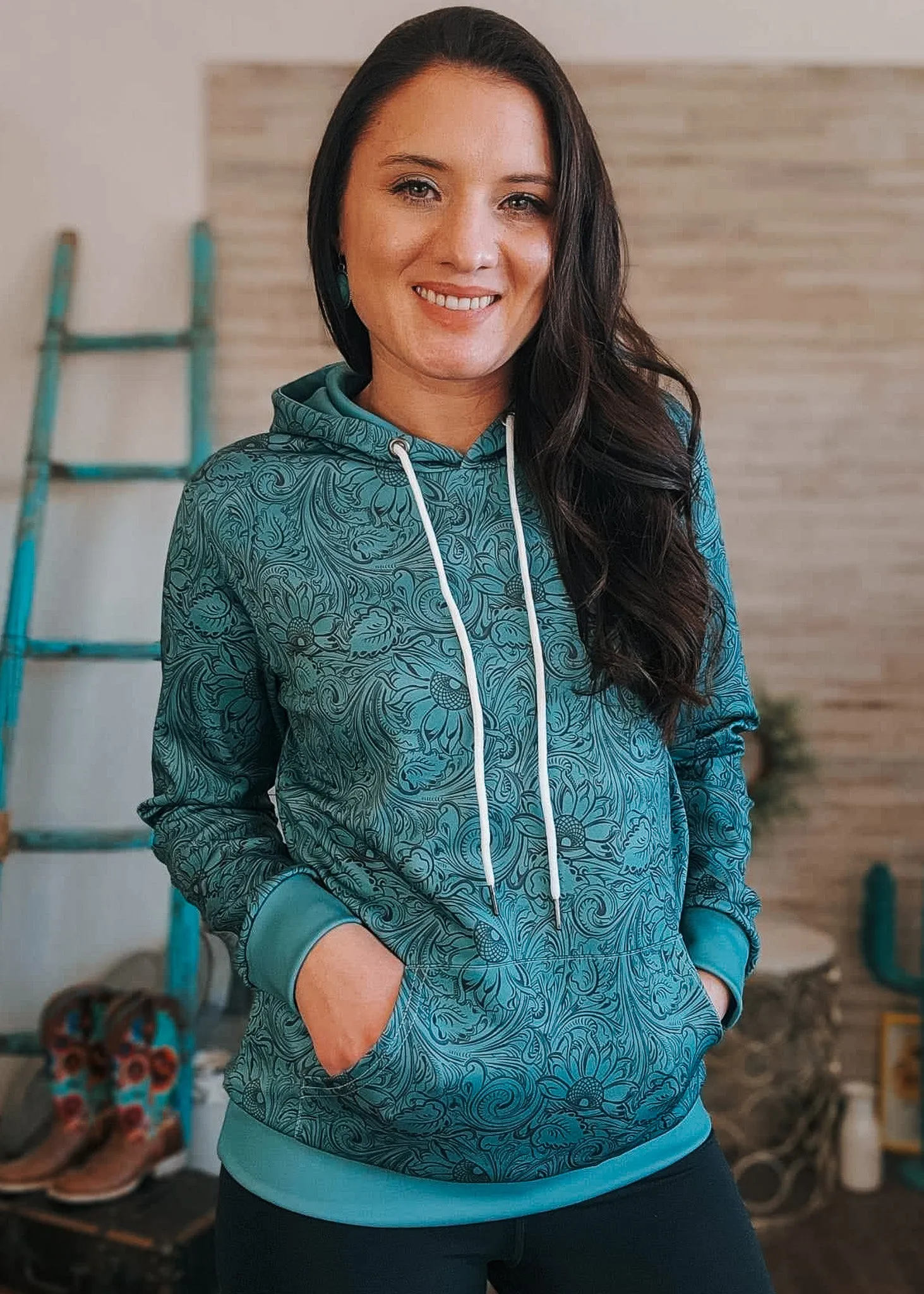Teal Floral Tooled Hoodie