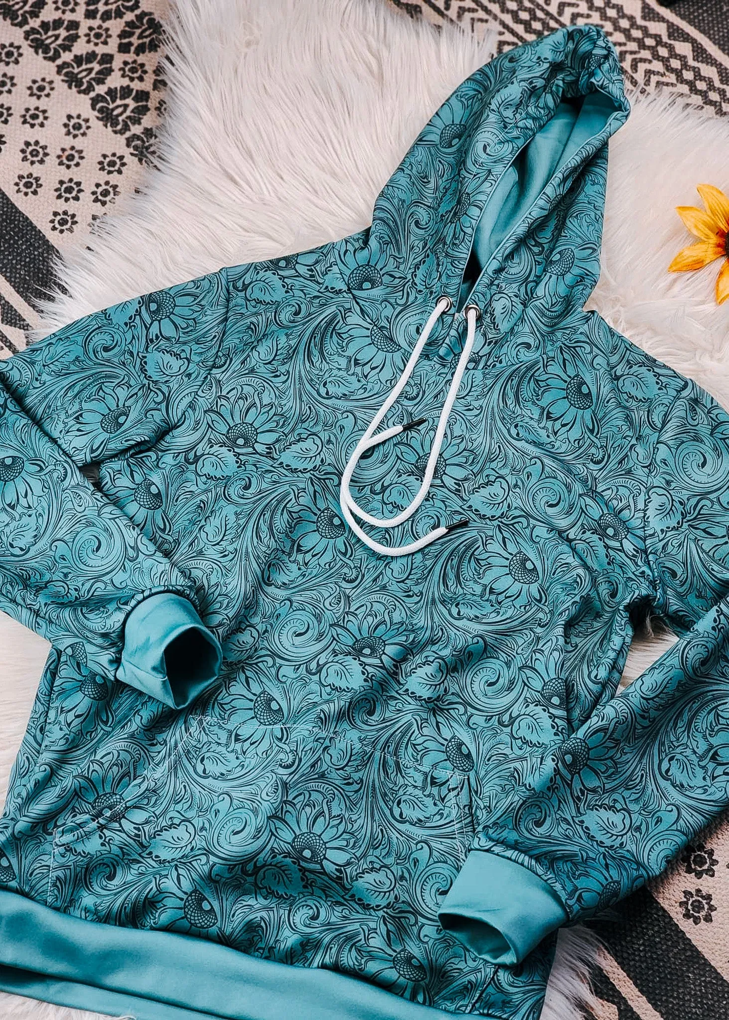 Teal Floral Tooled Hoodie