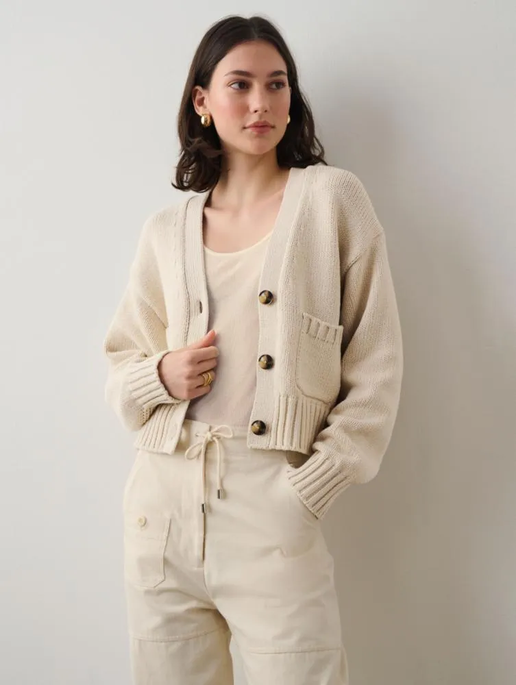 White  Warren - Core Spun Cotton Patch Pocket Cropped Cardigan in Natural