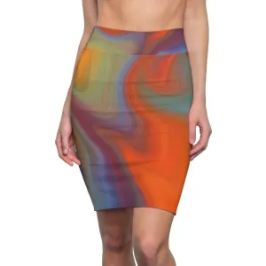 Womens Pencil Skirt, High Waist Stretch, Autumn Orange Swirl